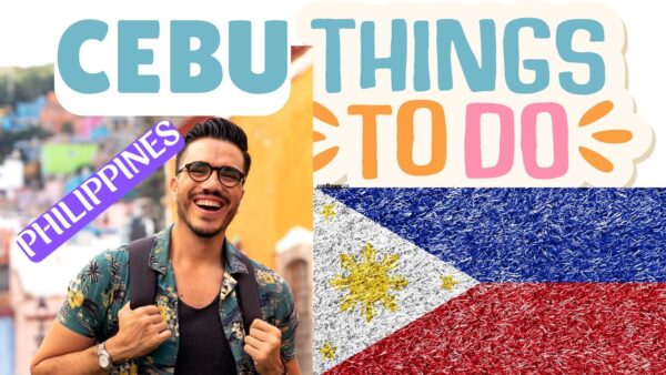 A man holds a bag and there is a Philippine flag, next to a "things to do" icon, symbolizing the adventure and activities available in Cebu against a tropical backdrop.