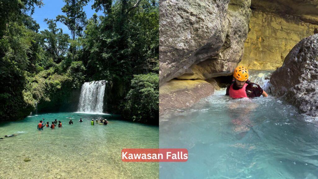 Kawasan Falls features turquoise waters cascading into a serene pool. Lush greenery surrounds the falls, creating a peaceful tropical atmosphere