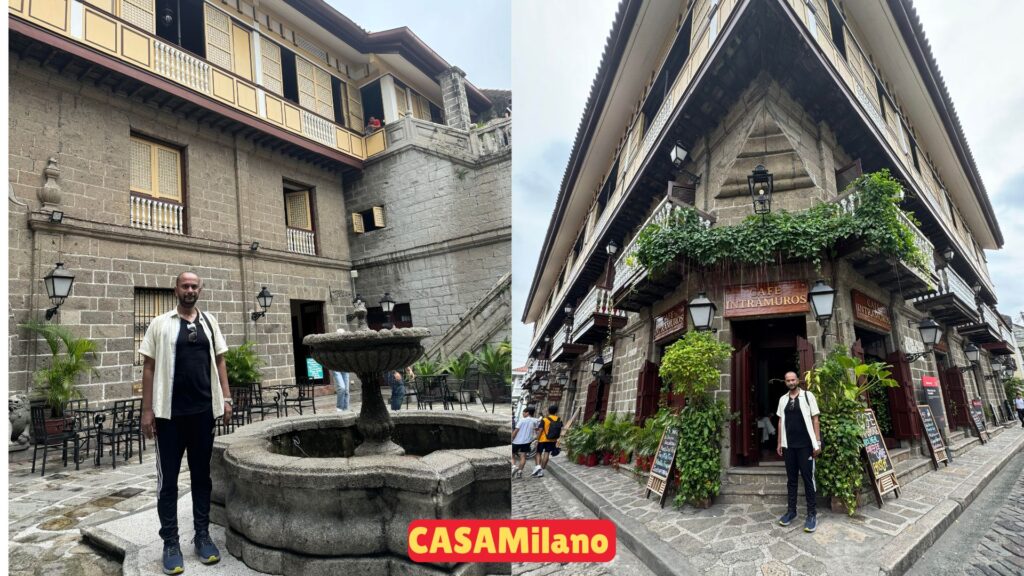 A man stands in front of Casa Milano & Cafe in Intramuros, Manila, with the charming facade of the cultural center visible behind him.