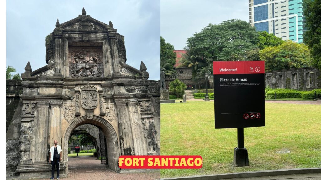 A man stands near the entrance of Fort Santiago, with the historic plaza de armas visible in the background