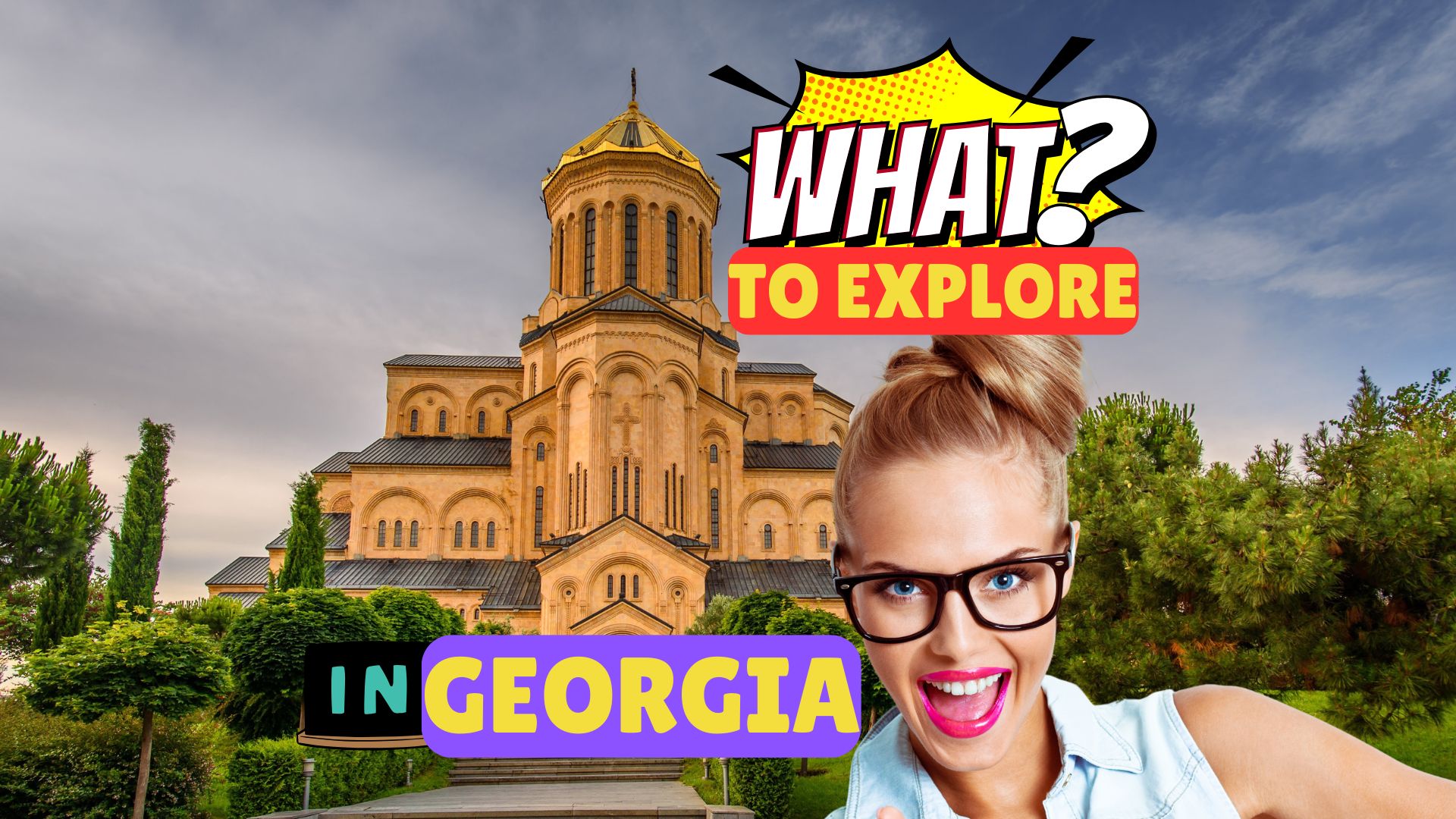 Woman smiling with Holy Trinity Church in the background, showcasing Georgia's beauty.