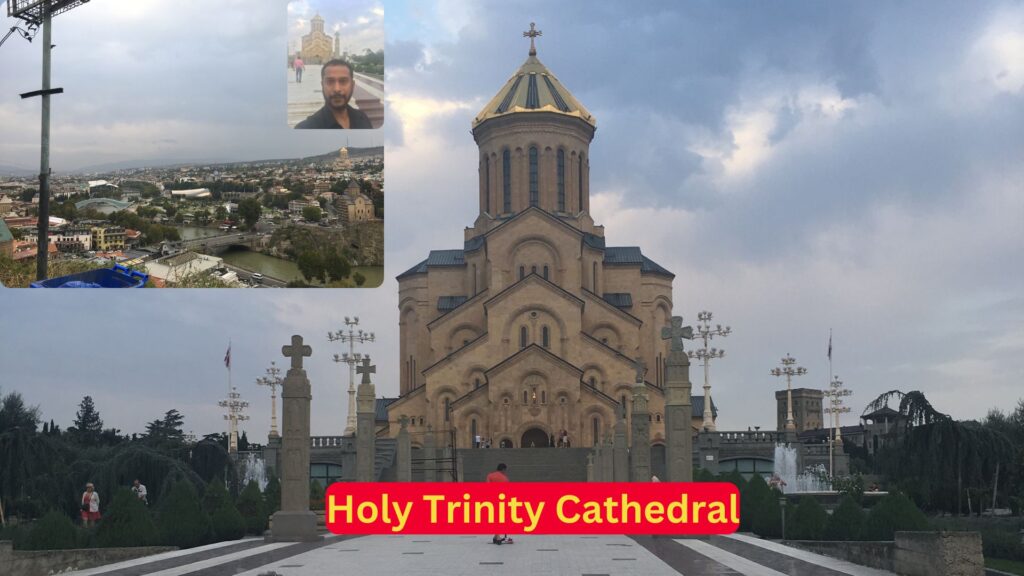 Man standing in front of Holy Trinity Church with the interior visible.