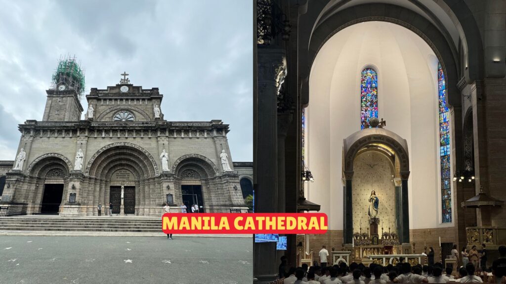 Exterior view of the Manila Cathedral showcasing its Neo-Romanesque façade and the iconic dome against a clear blue sky.