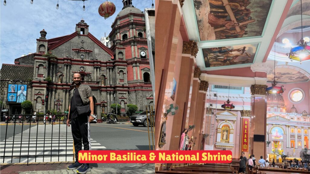 A man stands in front of the Minor Basilica and National Shrine of Saint Lorenzo Ruiz, with the church's interior visible on one side.