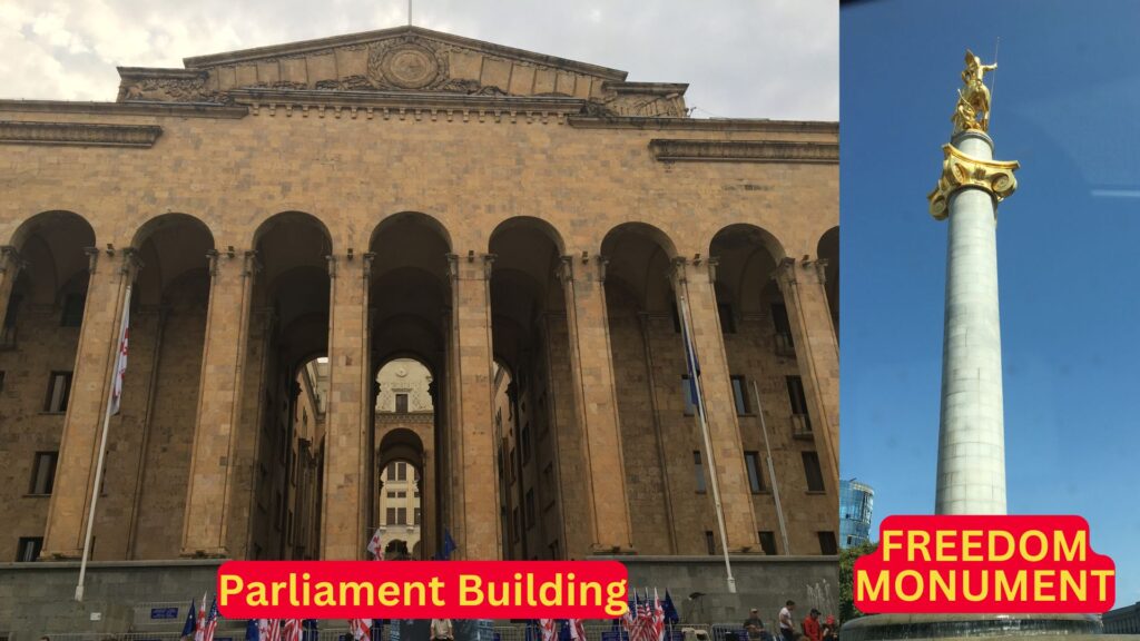 Parliament Building and Freedom Monument in Tbilisi, Georgia.