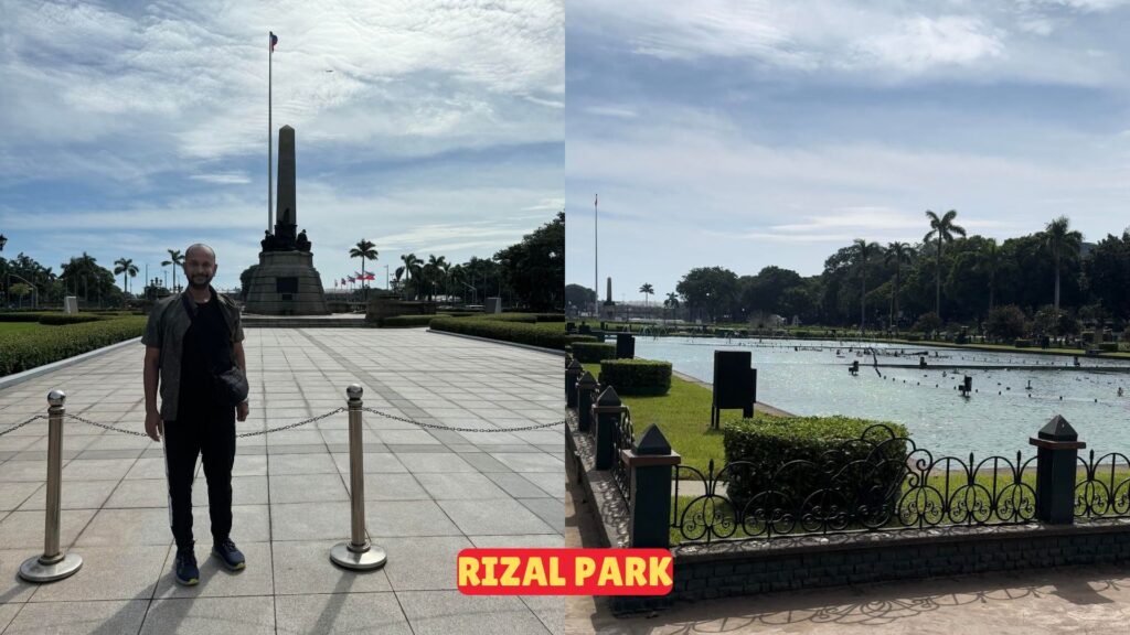 A man stands next to the Rizal Monument in Rizal Park, with a fountain partially visible in the background.