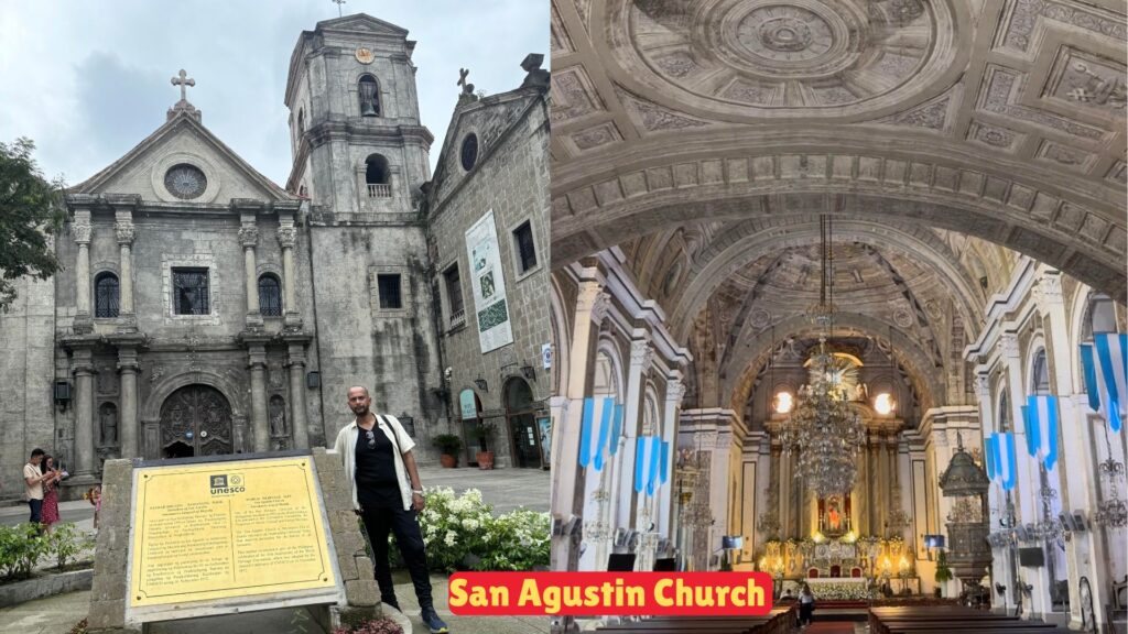 A man stands near the entrance of San Agustin Church, showcasing its stunning Baroque architecture.