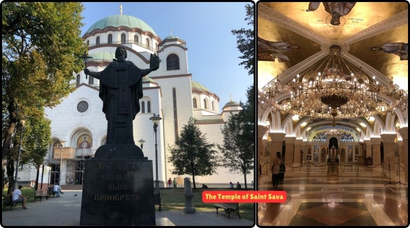 Interior and exterior views of the Temple of Saint Sava in Belgrade, showcasing its grand architecture and intricate mosaics.