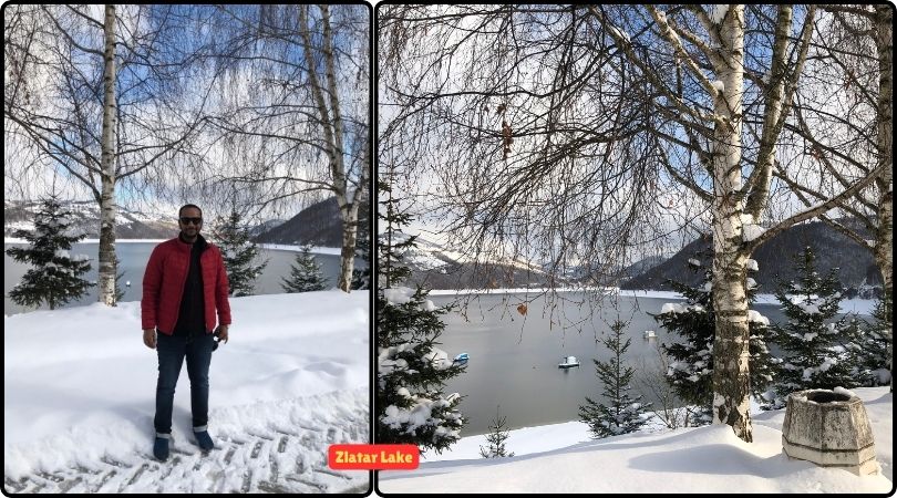 A man standing in front of Zlatar Lake in Serbia, surrounded by lush greenery and serene waters.