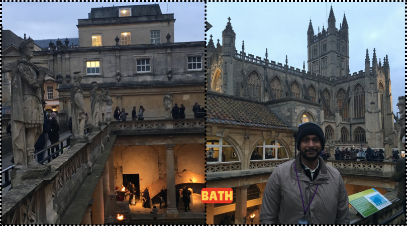 Man standing in front of the Roman Baths, admiring the historic architecture and ancient ruins.