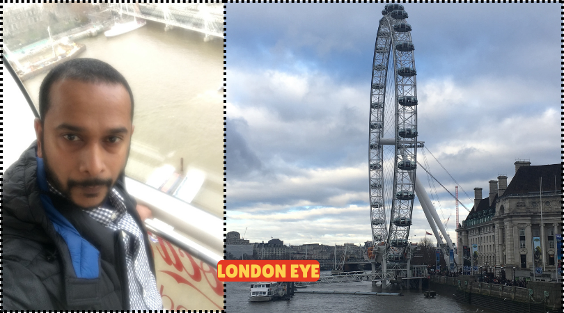 View of the London Eye, a giant observation wheel on the South Bank of the River Thames.