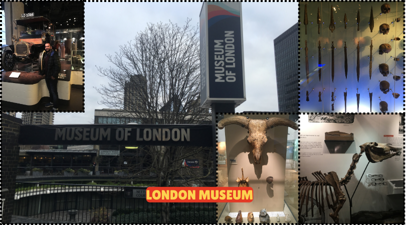 A man stands in front of the London Museum, showcasing ancient artifacts from its extensive archaeological collection.