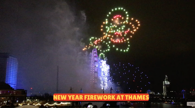 Vibrant New Year fireworks illuminate the night sky over the Thames River, with iconic London landmarks in the background.