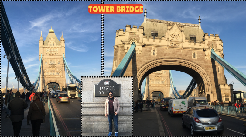 Man standing in front of Tower Bridge, showcasing its iconic towers and the River Thames