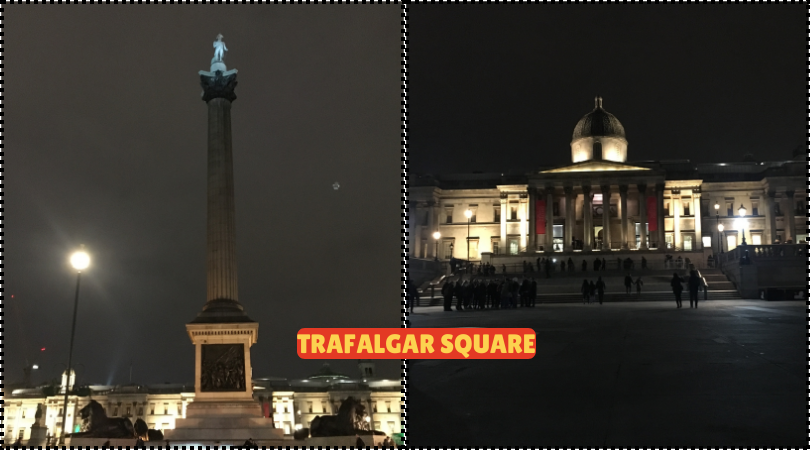 Trafalgar Square illuminated at night, featuring Nelson's Column and vibrant fountains.