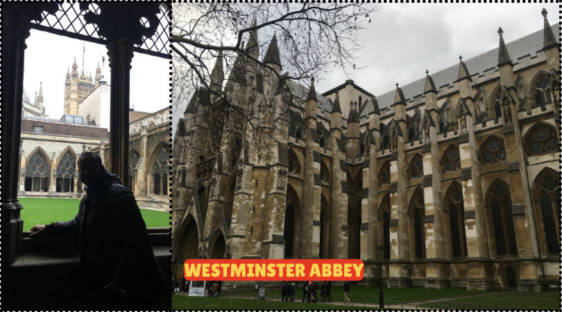 Man standing in front of Westminster Abbey, showcasing its stunning Gothic architecture