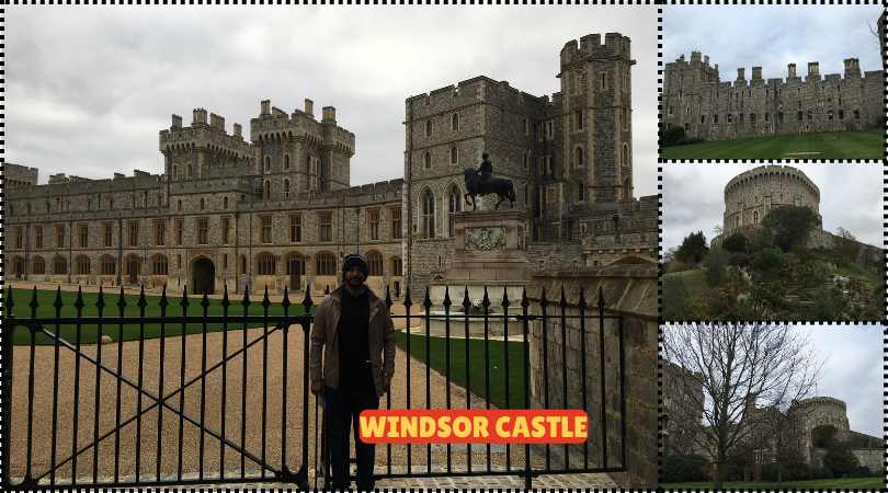 Man standing in front of Windsor Castle, showcasing its impressive architecture and historic significance